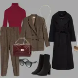 Elegancka stylizacja na randkę jesienią: płaszcze, marynarki, swetry, spodnie, spódnica, buty i torebki w stonowanych kolorach.