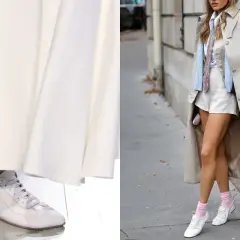 Białe, najmodniejsze buty sportowe dopełniają stylizację z długą, białą suknią lub krótkimi spodenkami i trenczem.