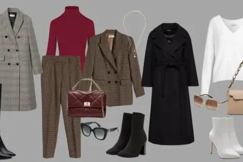 Elegancka stylizacja na randkę jesienią: płaszcze, marynarki, swetry, spodnie, spódnica, buty i torebki w stonowanych kolorach.