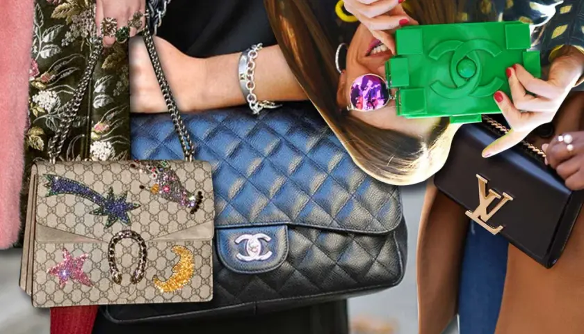 Kolekcja torebek: torebka gucci vintage z gwiazdkami, czarna pikowana Chanel, zielona Chanel i czarna Louis Vuitton.
