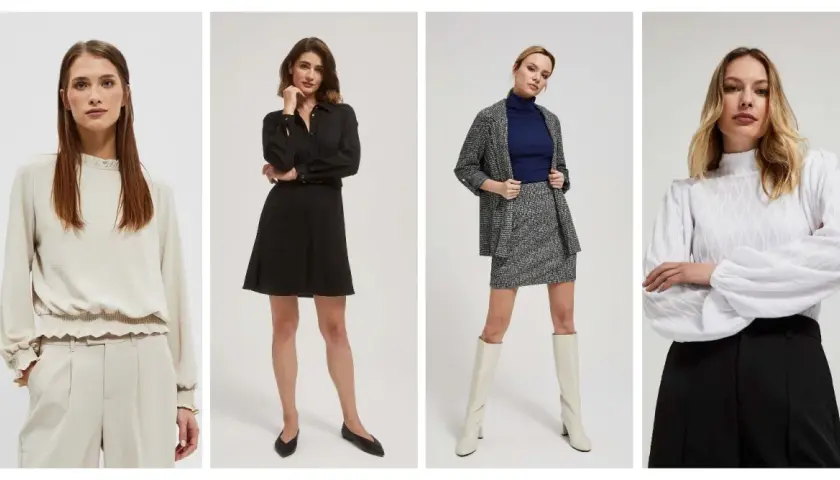 Eleganckie stylizacje ubrań na co dzień: beżowy komplet, czarna sukienka, tweedowy zestaw i biała bluzka z czarnymi spodniami.