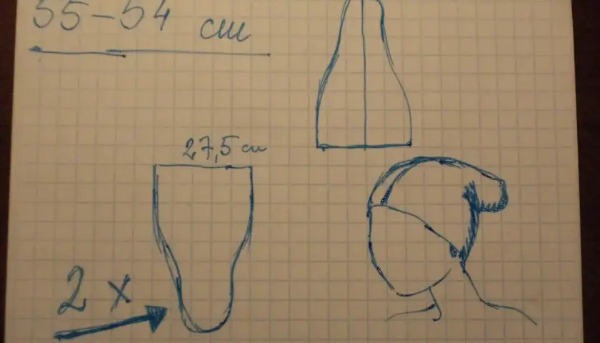 Szkic instrukcji, jak uszyć czapkę smerfa: wymiary 55-54 cm, dwa kawałki materiału 27,5 cm, szablon czapki i głowy.