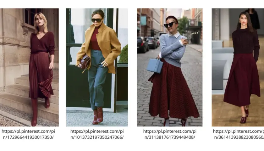 Kobieca moda w kolorze burgund: plisowane spódnice, swetry i płaszcze. Ten głęboki odcień czerwieni wygląda elegancko i stylowo.